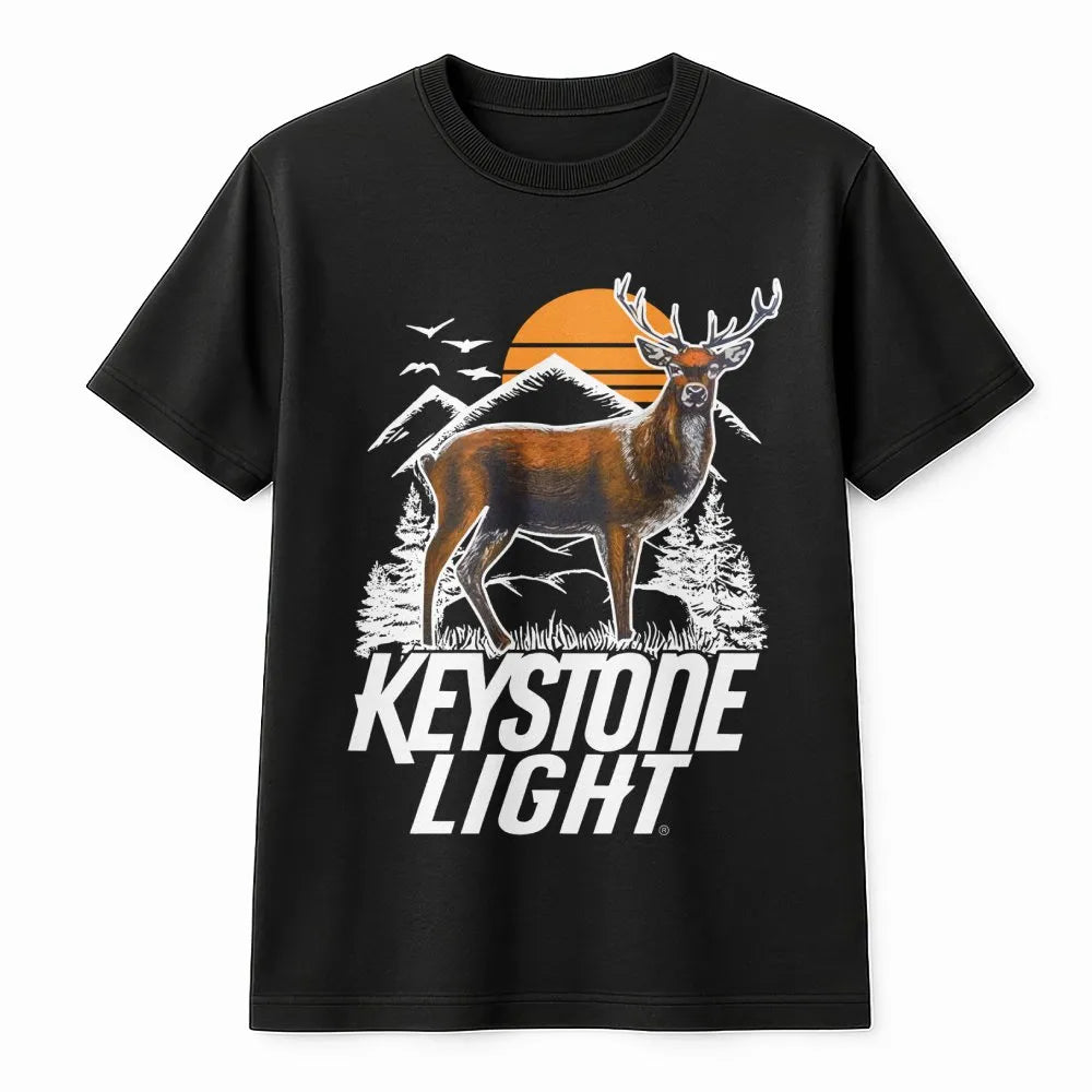 Keystone Light Deer T-Shirt | Mountain Sunset Outdoor Graphic | Premium Cotton Unisex Tee | Gift for Beer Lovers and Hunters