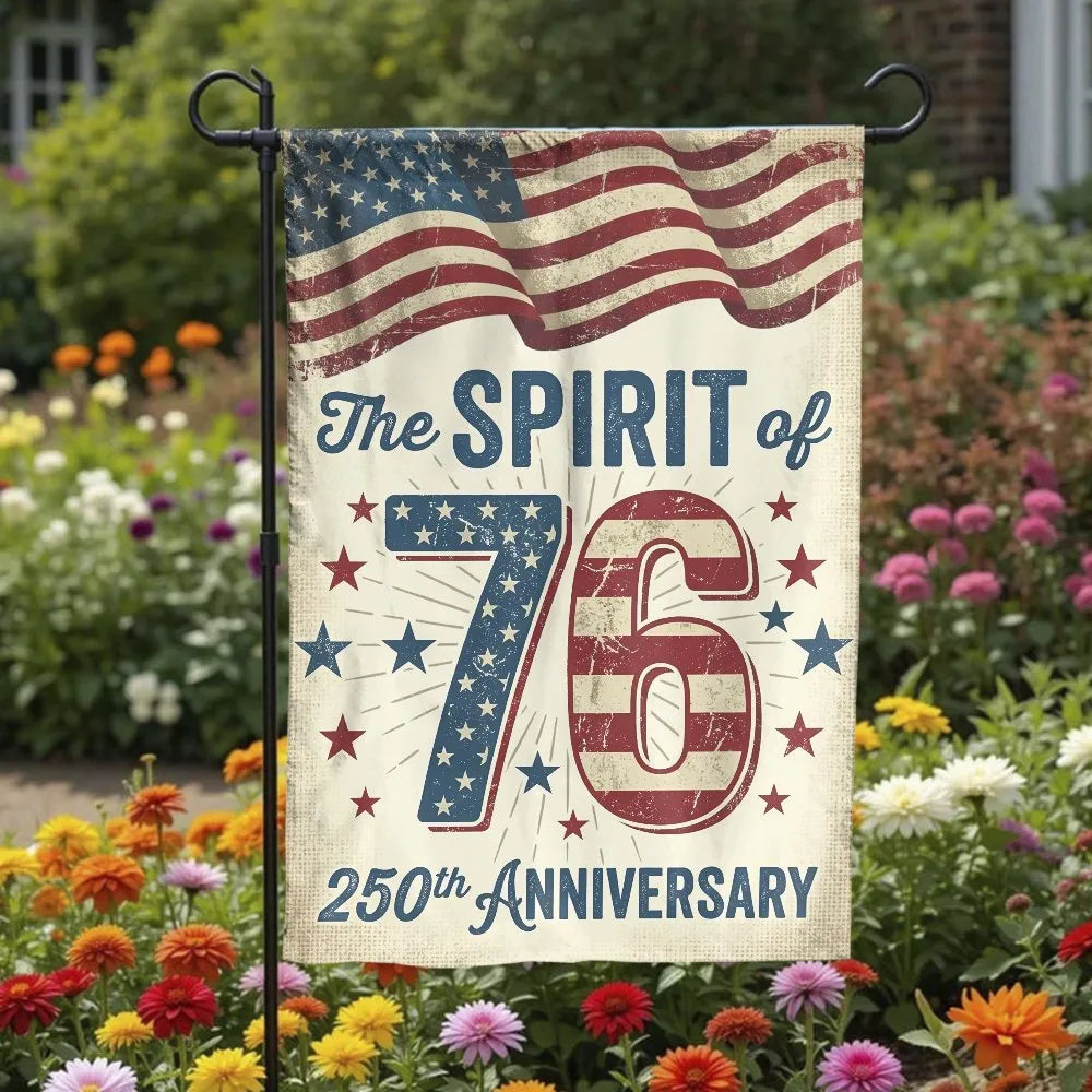 Spirit of 76 Patriotic Garden Flag | Vintage USA 250th Anniversary Distressed Design | Double-Sided Weather Resistant Polyest