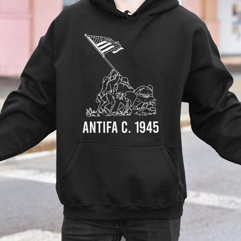 Antifa 1945 Hoodie | Iwo Jima Flag Raising Graphic | Premium Cotton Blend Sweatshirt | Pro-Democracy Anti-Fascist Gift