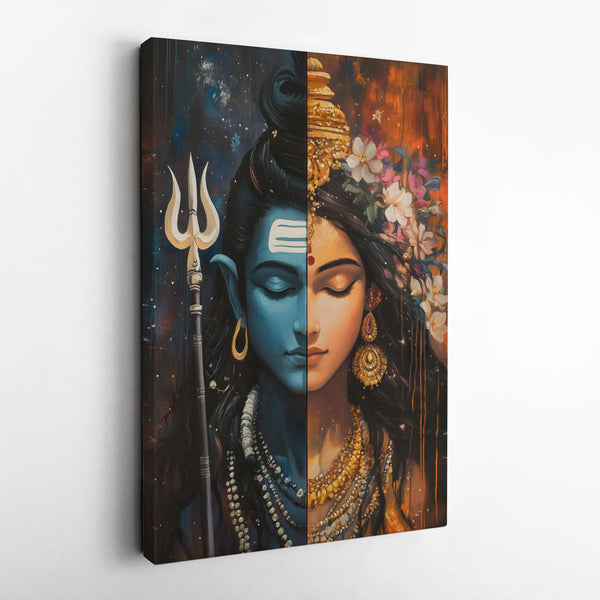 Ardhanarishvara Canvas Wall Art | Lord Shiva and Parvati Split Face Design | Premium Gallery-Wrapped Print | Spiritual Home D