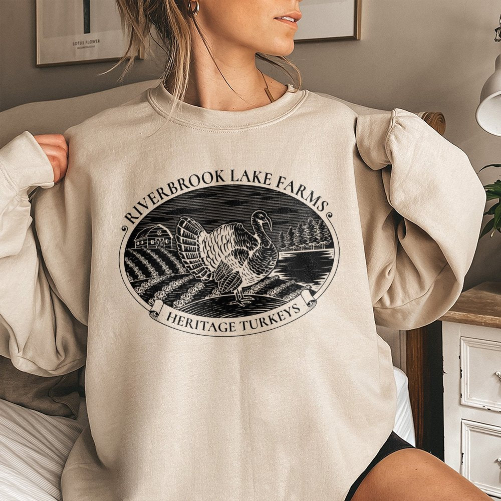 Riverbrook Lake Farms Sweatshirt | Heritage Turkeys Graphic Print | Premium Cotton-Blend Crewneck | Funny Thanksgiving TV Sho