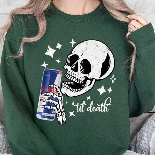 Skeleton Energy Drink Graphic Sweatshirt | Til Death Skull Illustration | Premium Cotton-Poly Blend | Edgy Aesthetic Streetwe
