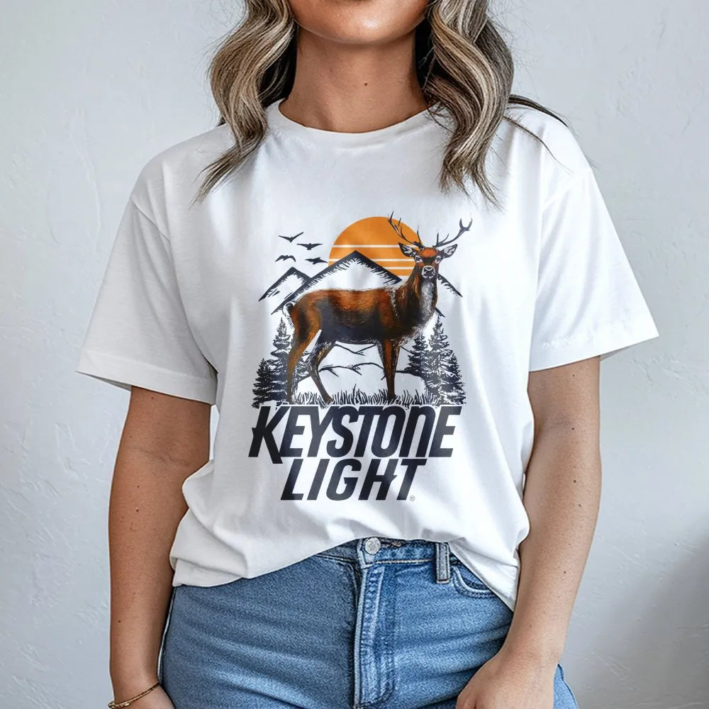Keystone Light Deer T-Shirt | Mountain Sunset Outdoor Graphic | Premium Cotton Unisex Tee | Gift for Beer Lovers and Hunters