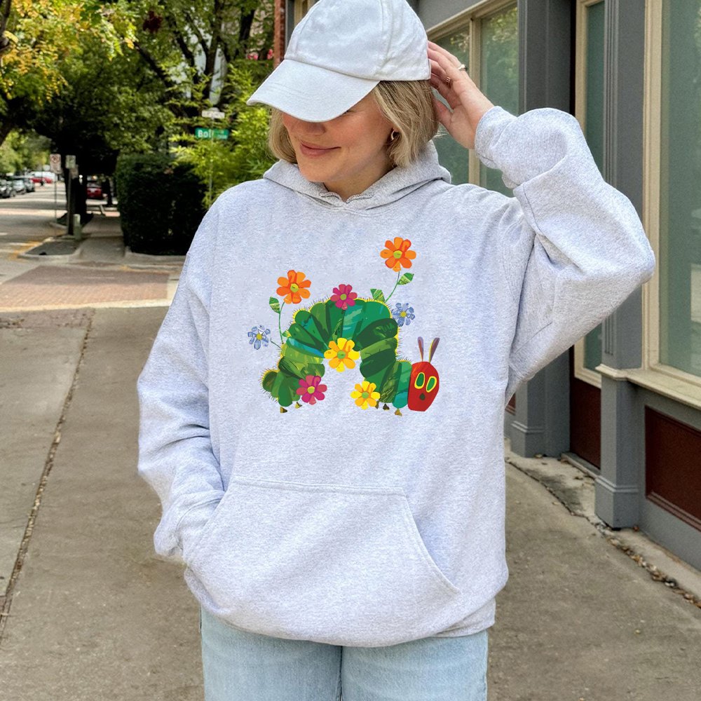 Hungry Caterpillar Hoodie | Colorful Floral Bug Graphic | Soft Cotton-Blend Pullover | Cute Teacher Gift & Preschool Storyboo