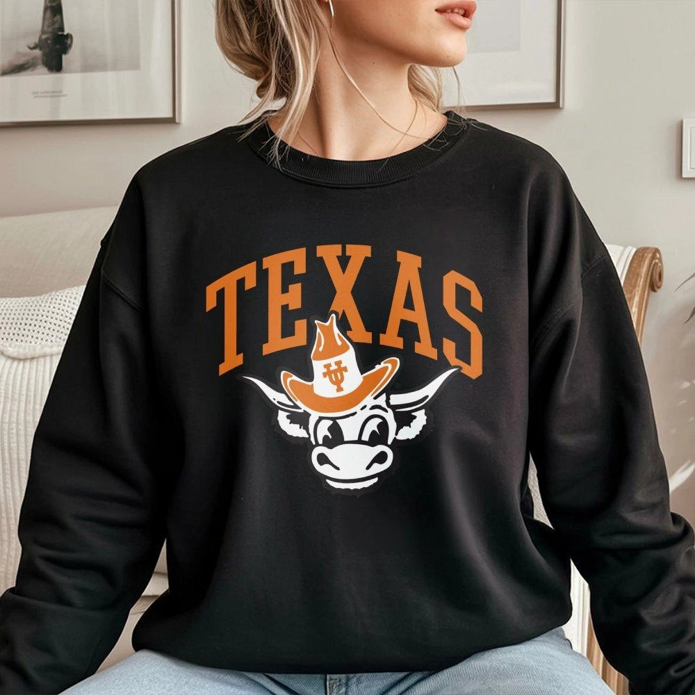 Texas Longhorn Sweatshirt | Retro Cowboy Bull Graphic | Premium Cotton Blend Crewneck | College Football Fan Gift for Men and