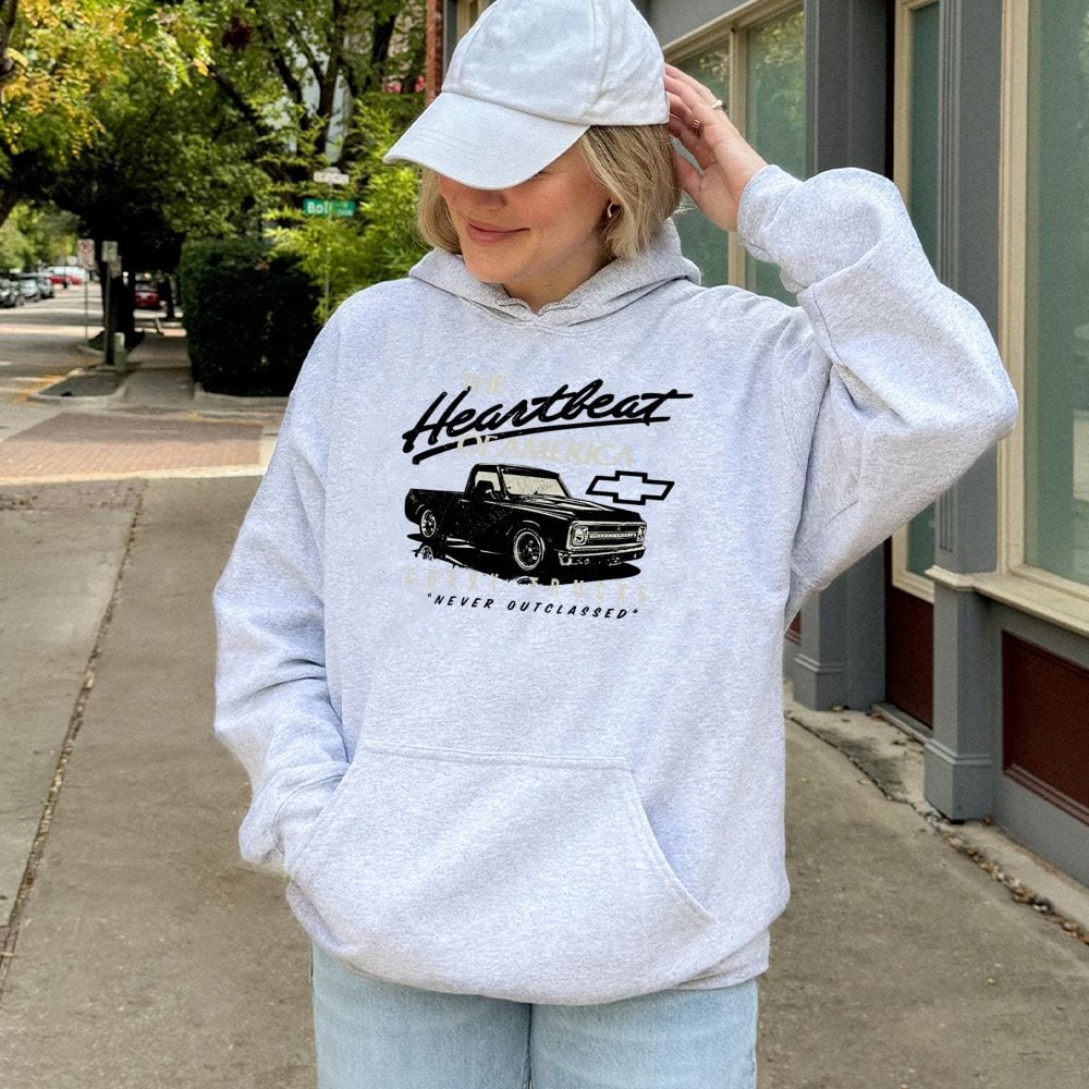 Chevy Trucks Hoodie | Vintage Heartbeat Of America Graphic | Premium Cotton Blend Pullover | Gift For Truck Enthusiasts & Mec