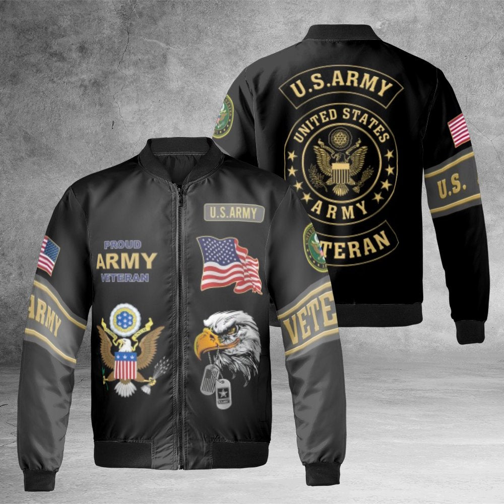 US Army Veteran Bomber Jacket | Patriotic Eagle & American Flag Print | Durable Nylon Shell | Premium Military Pride Gift for