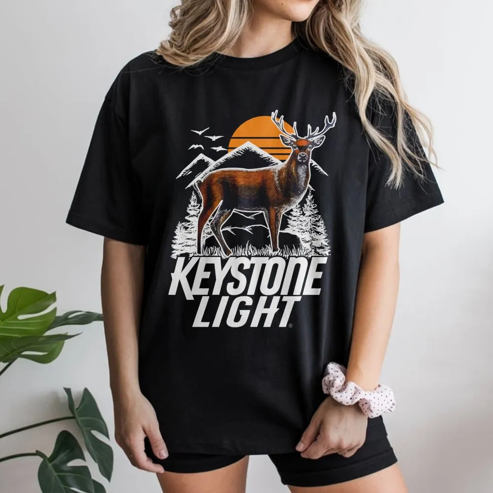 Keystone Light Deer T-Shirt | Mountain Sunset Outdoor Graphic | Premium Cotton Unisex Tee | Gift for Beer Lovers and Hunters