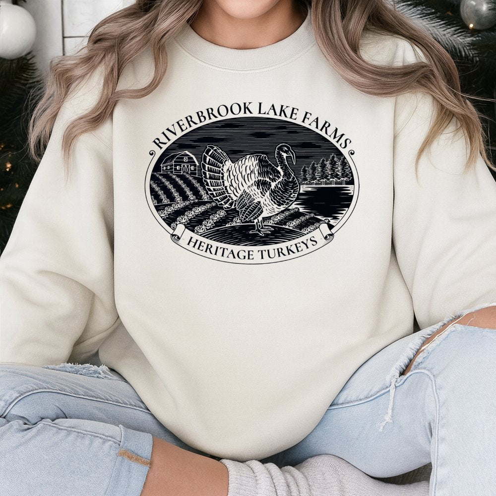 Riverbrook Lake Farms Sweatshirt | Heritage Turkeys Graphic Print | Premium Cotton-Blend Crewneck | Funny Thanksgiving TV Sho