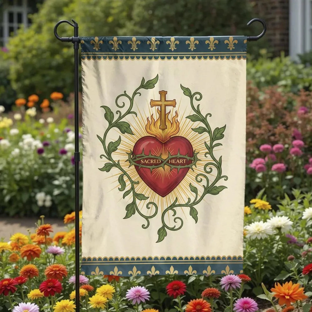 Sacred Heart of Jesus Garden Flag | Vintage Fleur-de-lis Botanical Art | Double Sided Premium Polyester | Catholic Christian 