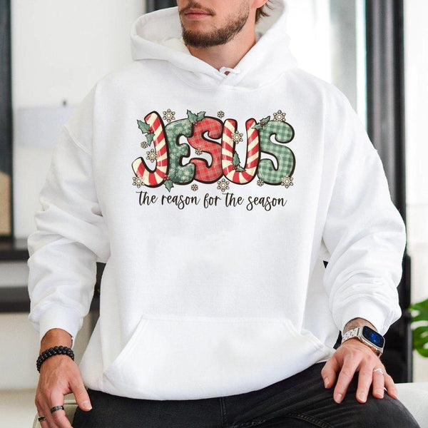 Jesus The Reason For The Season Hoodie | Plaid Candy Cane Christmas Design | Premium Cotton Blend | Christian Religious Gift 