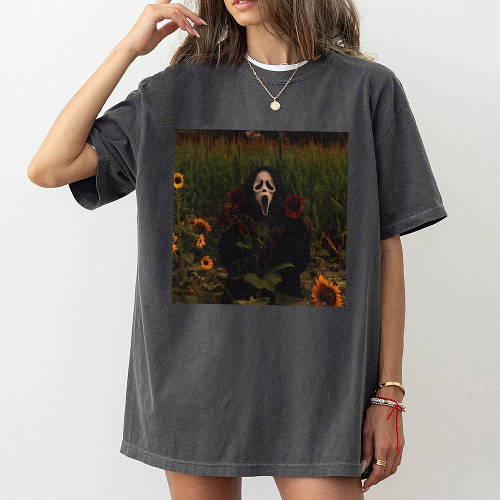 Ghost Mask Sunflower T-Shirt | Aesthetic Horror Movie Graphic | Premium 100% Cotton Tee | Spooky Halloween Gift for Horror Fa