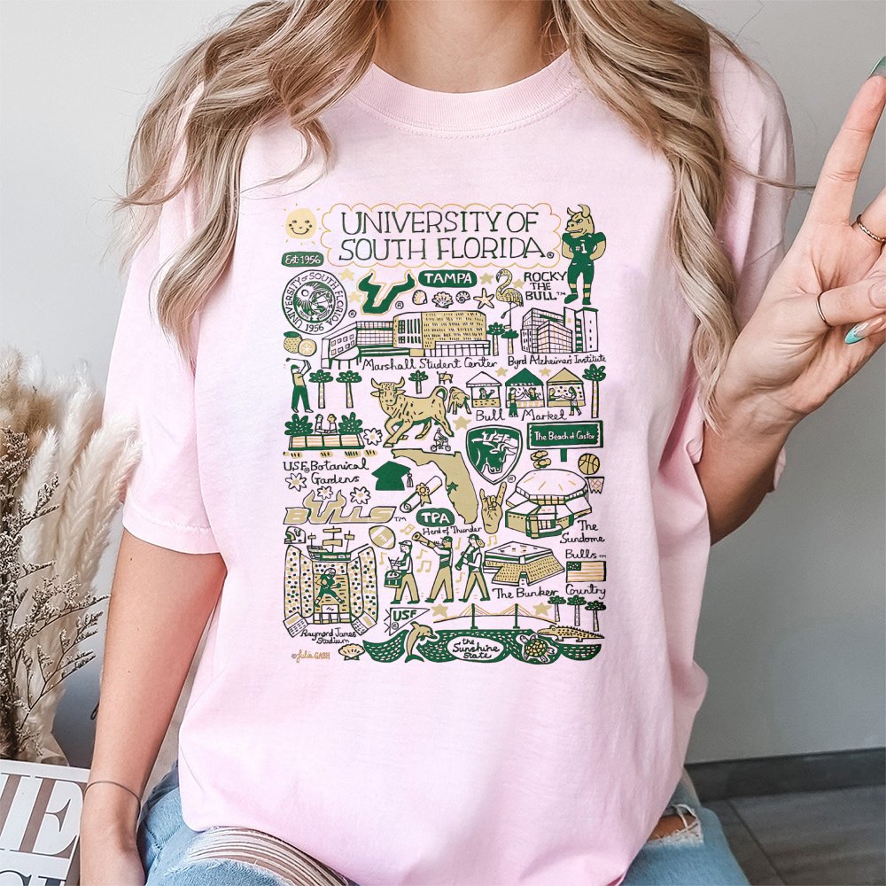 University of South Florida T-Shirt | USF Campus Map & Rocky the Bull Graphic | 100% Cotton Premium Tee | Tampa Bulls Fan Gif