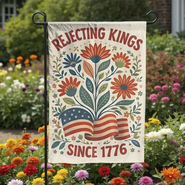 Rejecting Kings Since 1776 Garden Flag | Vintage Floral American Flag Outdoor Decor | Double-Sided Weatherproof Premium Polye