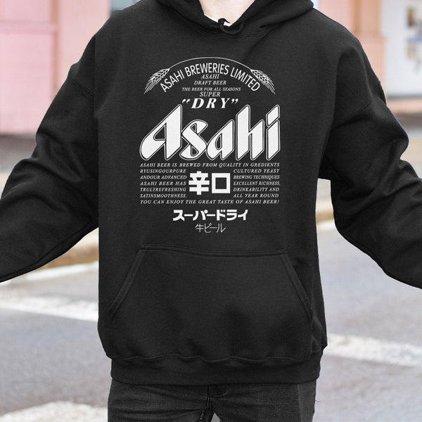 Japanese Beer Logo Graphic Hoodie | Retro Asahi Breweries Apparel | Soft Cotton-Blend Pullover | Unique Gift For Beer Lovers 