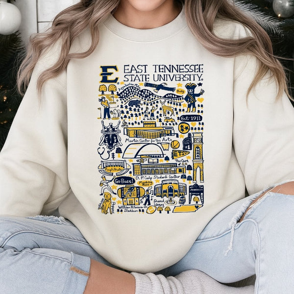 ETSU Campus Map Sweatshirt | East Tennessee State University Doodle Collage | Premium Unisex College Apparel | Gift for Bucs 