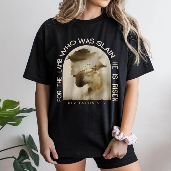Lamb Who Was Slain T-Shirt | Revelation 5:12 Bible Verse Graphic | Premium Cotton Religious Apparel | Christian Faith Gift fo