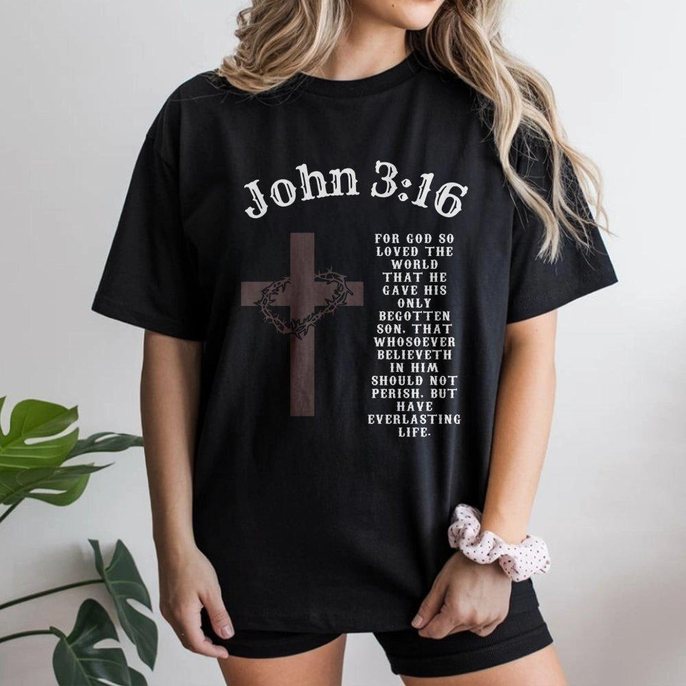 John 3:16 Christian T-Shirt | Cross and Crown of Thorns Bible Verse Graphic | Premium Cotton Unisex Apparel | Faith-Based Rel