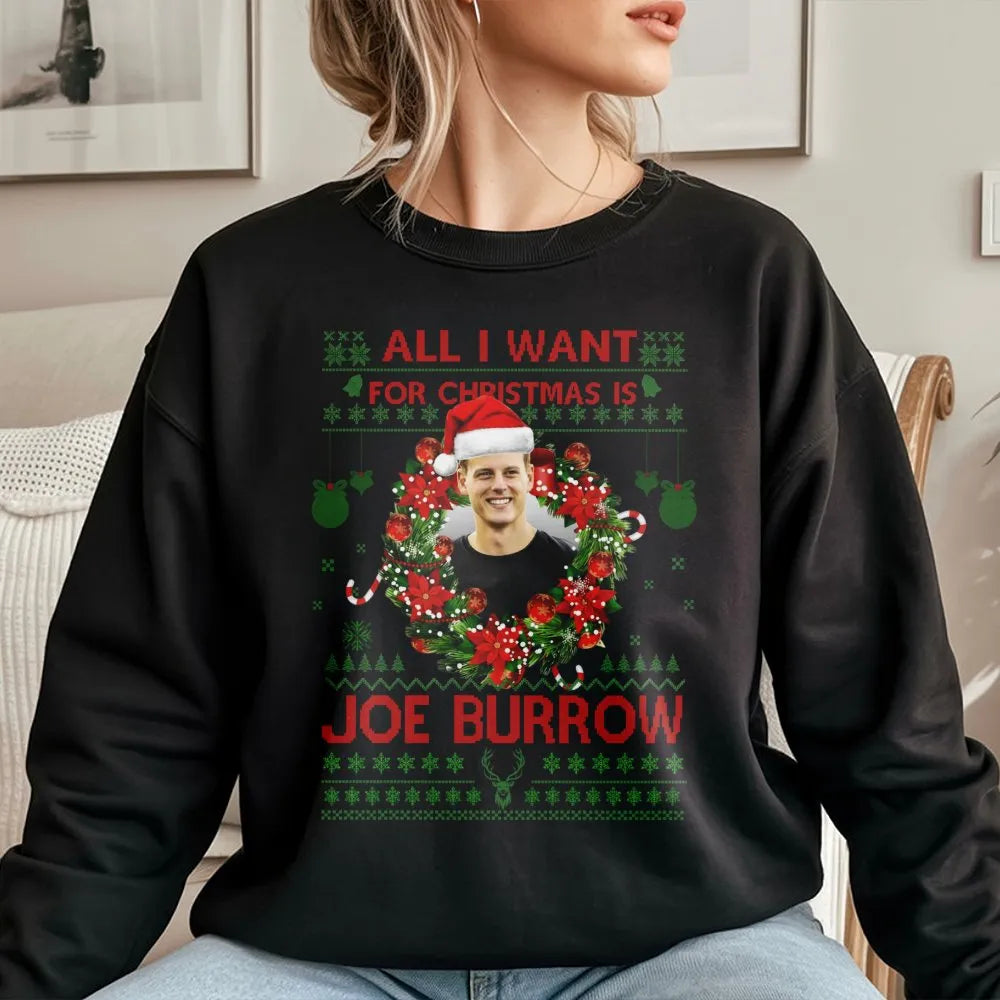 Joe Burrow Christmas Sweatshirt | Funny Football Player Ugly Sweater Design | Premium Cotton Blend | Gift For NFL Cincinnati 