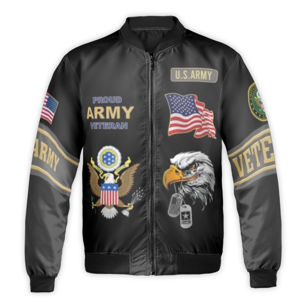 US Army Veteran Bomber Jacket | Patriotic Eagle & American Flag Print | Durable Nylon Shell | Premium Military Pride Gift for