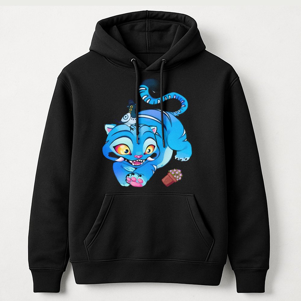 Derpy Blue Tiger Hoodie | Cute Cartoon Cat Graphic Art | Premium Cotton Blend Streetwear | Whimsical Animal Lover Gift for Te