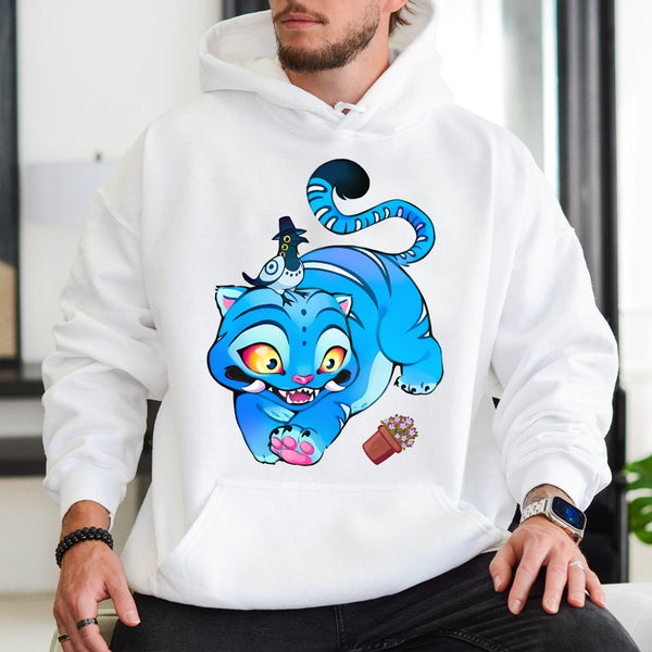 Derpy Blue Tiger Hoodie | Cute Cartoon Cat Graphic Art | Premium Cotton Blend Streetwear | Whimsical Animal Lover Gift for Te