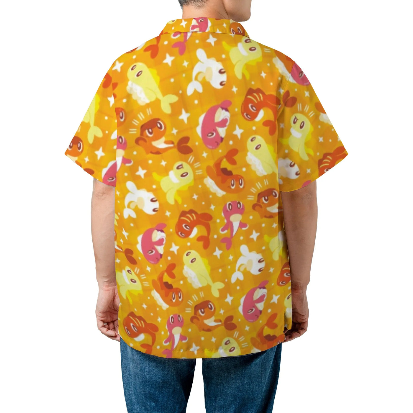 Sushi Fish Print Hawaiian Shirt | Fun Cartoon Anime Style Pattern | Lightweight Woven Polyester | Summer Vacation Beach Gift 