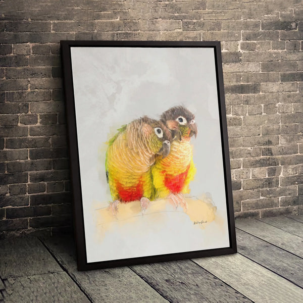 Green-Cheeked Conure Canvas Art | Watercolor Bird Couple Painting | 1.25-Inch Premium Gallery Profile | Parrot Lover Home Dec