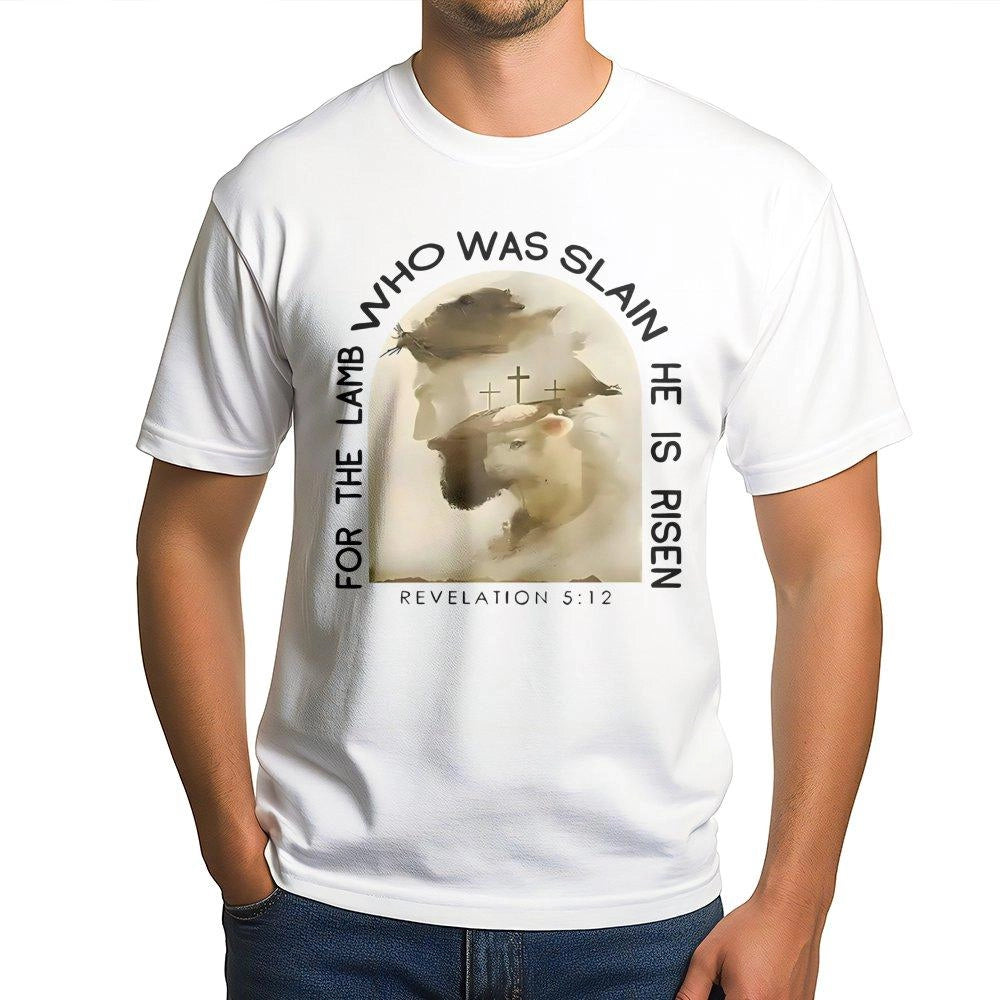 Lamb Who Was Slain T-Shirt | Revelation 5:12 Bible Verse Graphic | Premium Cotton Religious Apparel | Christian Faith Gift fo
