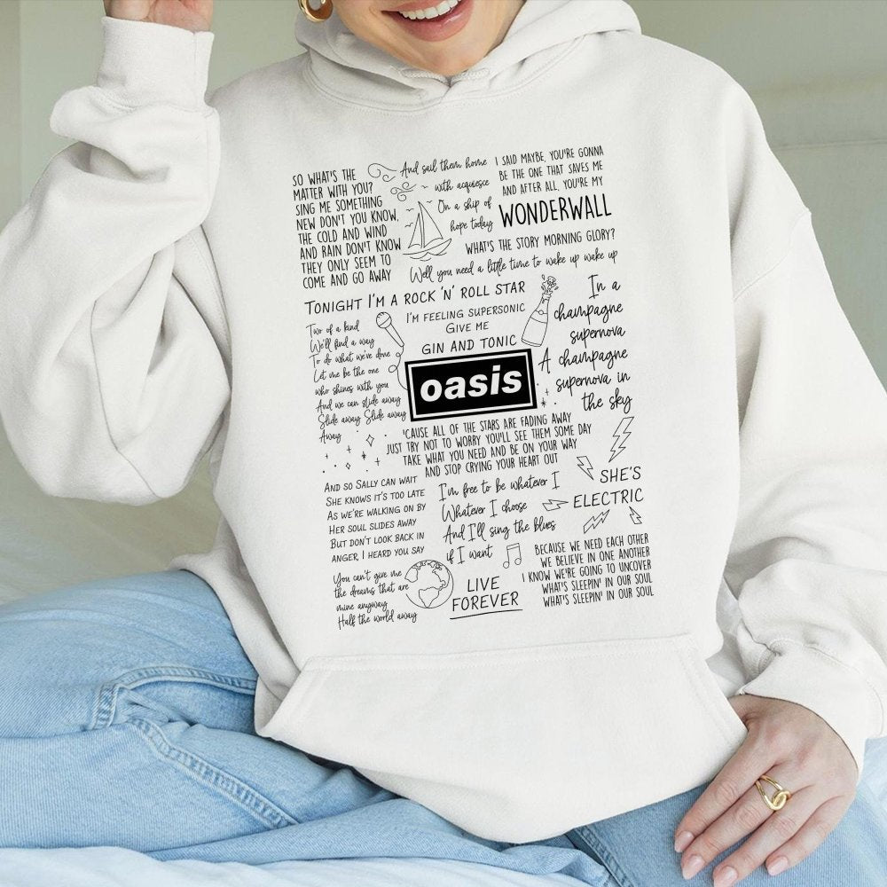 Oasis Lyric Hoodie | Britpop Band Song Quotes Graphic | Cotton Blend Premium Sweatshirt | 90s Rock Music Fan Gift