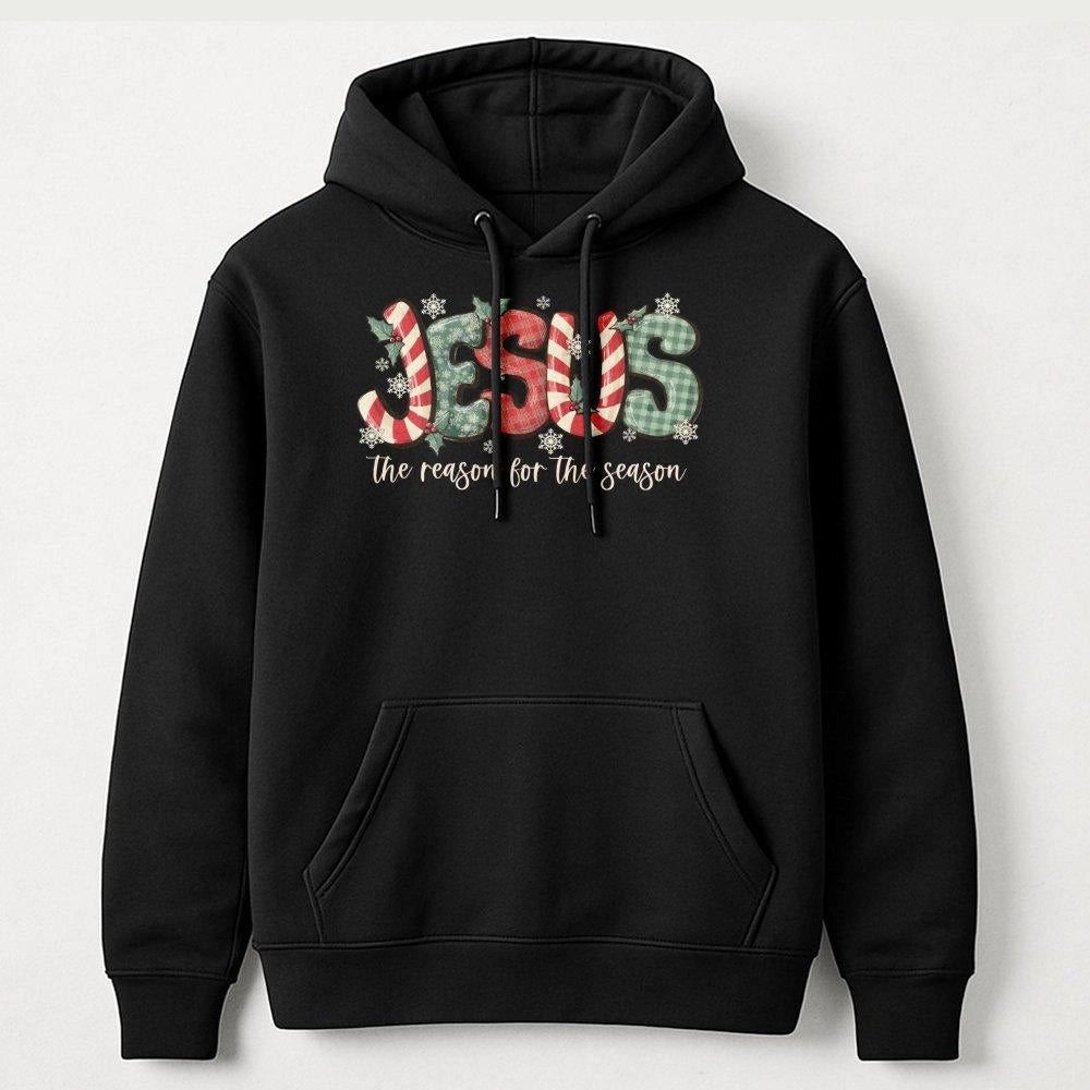 Jesus The Reason For The Season Hoodie | Plaid Candy Cane Christmas Design | Premium Cotton Blend | Christian Religious Gift 