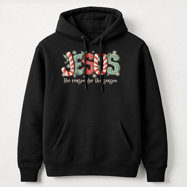 Jesus The Reason For The Season Hoodie | Plaid Candy Cane Christmas Design | Premium Cotton Blend | Christian Religious Gift 