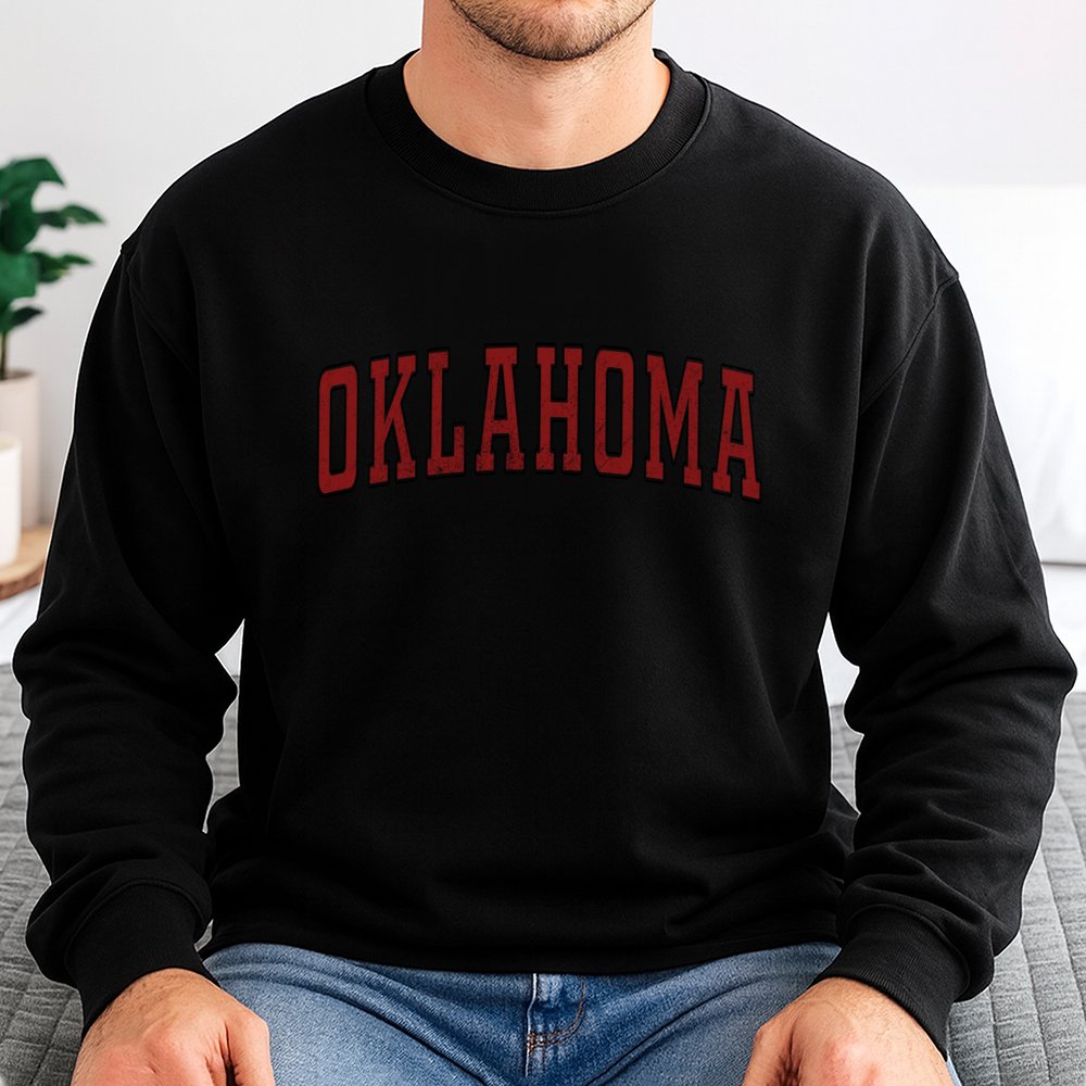 Oklahoma Sweatshirt | Vintage Red Distressed Collegiate Font | Soft Cotton Blend Unisex Crewneck | State Pride Gift for Proud