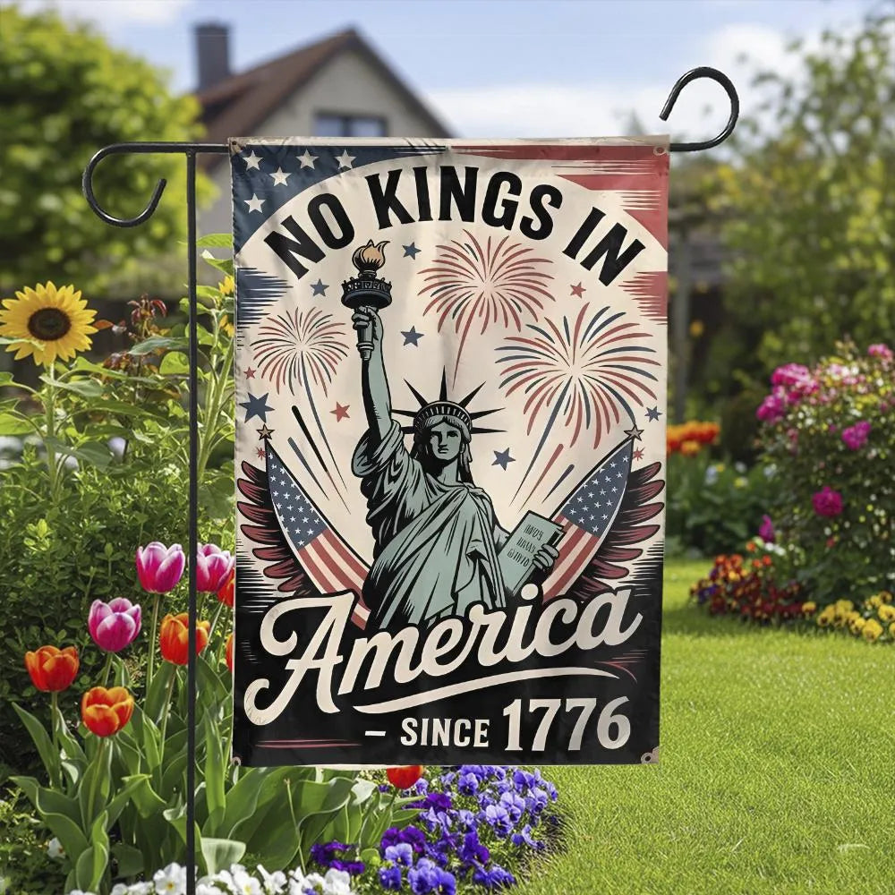 No Kings In America Garden Flag | Statue Of Liberty Fireworks Design | Premium Fade-Resistant Polyester | Patriotic 1776 Home