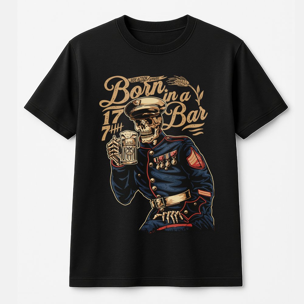 Marine Corps Skull T-Shirt | Born In A Bar Military Graphic | 100% Cotton Premium Tee | USMC Anniversary Gift For Veteran And