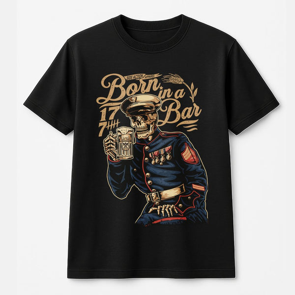 Marine Corps Skull T-Shirt | Born In A Bar Military Graphic | 100% Cotton Premium Tee | USMC Anniversary Gift For Veteran And