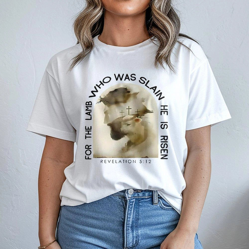Lamb Who Was Slain T-Shirt | Revelation 5:12 Bible Verse Graphic | Premium Cotton Religious Apparel | Christian Faith Gift fo