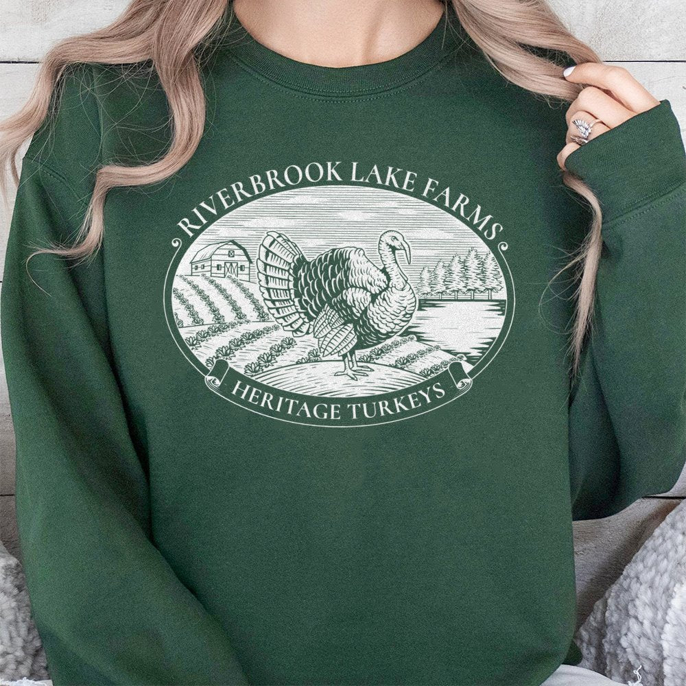 Riverbrook Lake Farms Sweatshirt | Heritage Turkeys Graphic Print | Premium Cotton-Blend Crewneck | Funny Thanksgiving TV Sho