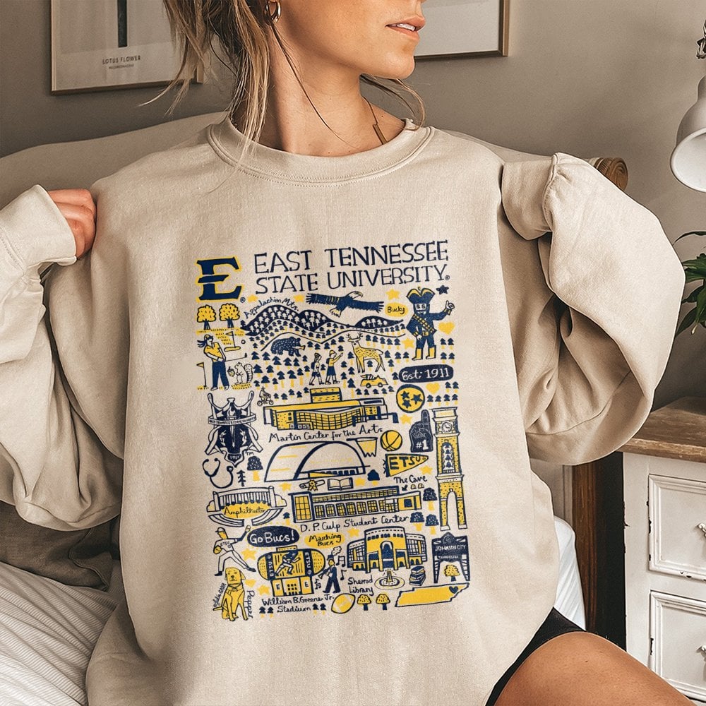 ETSU Campus Map Sweatshirt | East Tennessee State University Doodle Collage | Premium Unisex College Apparel | Gift for Bucs 