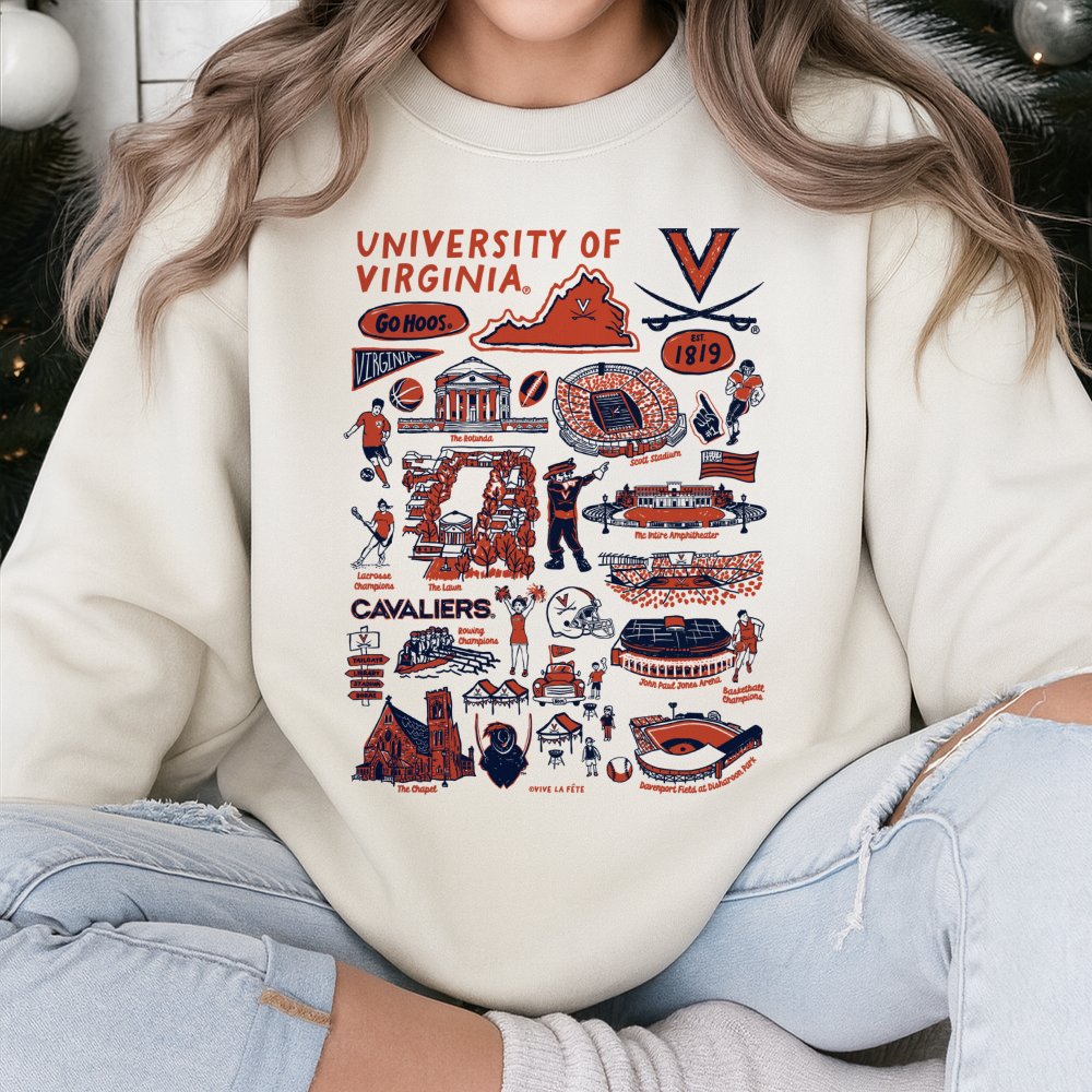 University Of Virginia Sweatshirt | UVA Cavaliers Campus Landmark Collage | Premium Unisex Crewneck | Go Hoos Fan Gift For Al