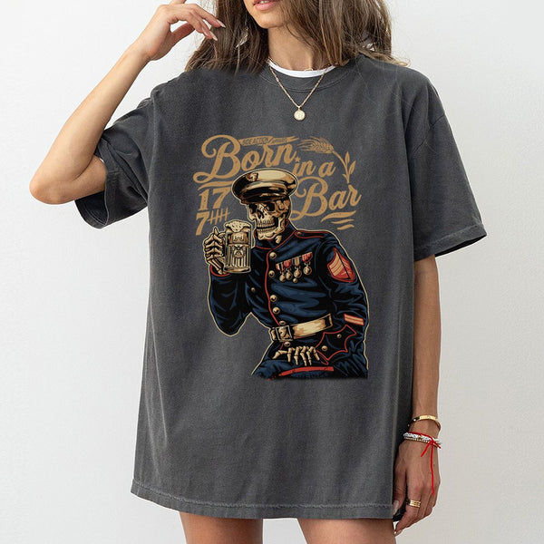 Marine Corps Skull T-Shirt | Born In A Bar Military Graphic | 100% Cotton Premium Tee | USMC Anniversary Gift For Veteran And
