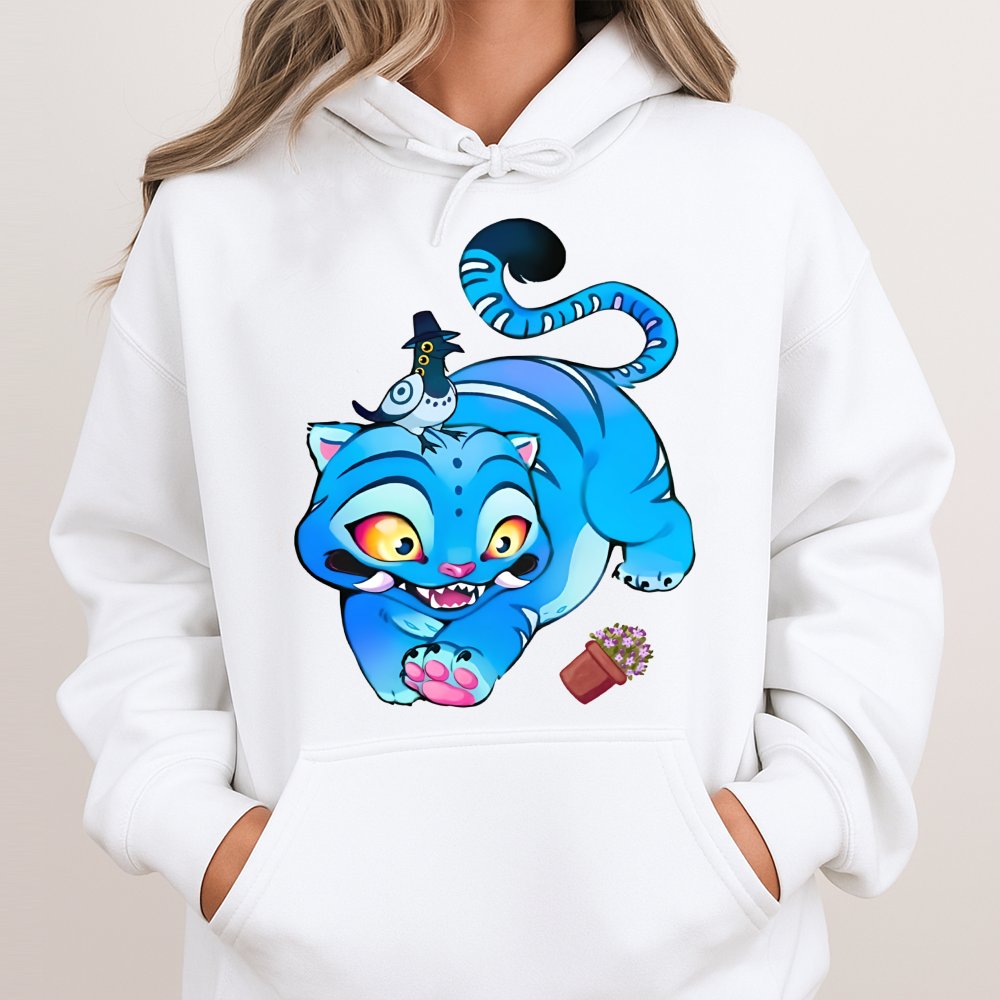 Derpy Blue Tiger Hoodie | Cute Cartoon Cat Graphic Art | Premium Cotton Blend Streetwear | Whimsical Animal Lover Gift for Te