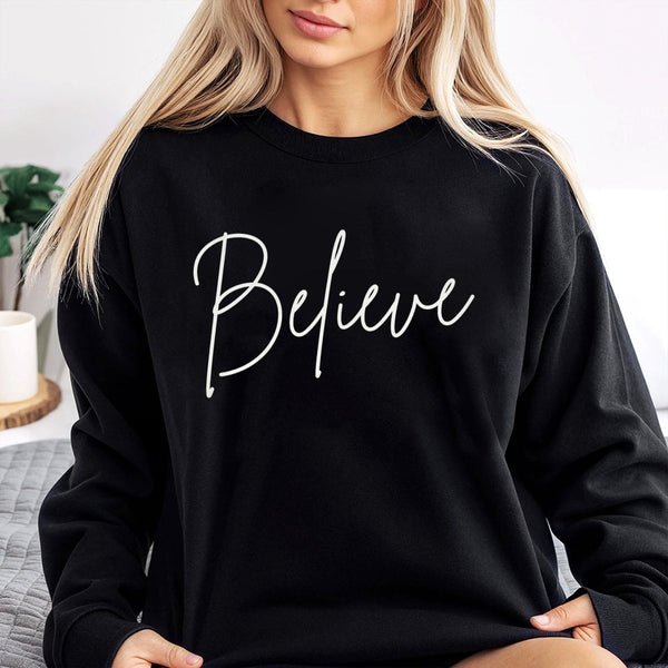 Believe Christmas Sweatshirt | Minimalist Script Graphic Design | Soft Cotton Blend | Festive Holiday Gift for Women and Men