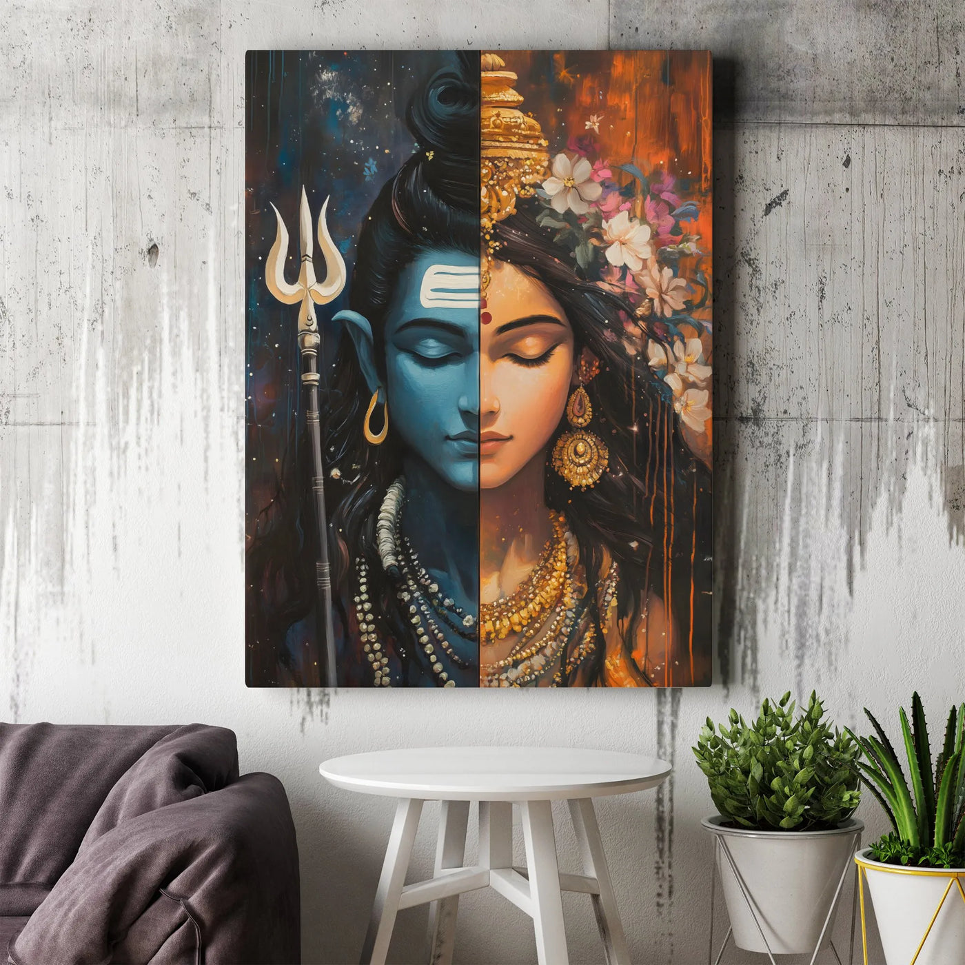 Ardhanarishvara Canvas Wall Art | Lord Shiva and Parvati Split Face Design | Premium Gallery-Wrapped Print | Spiritual Home D