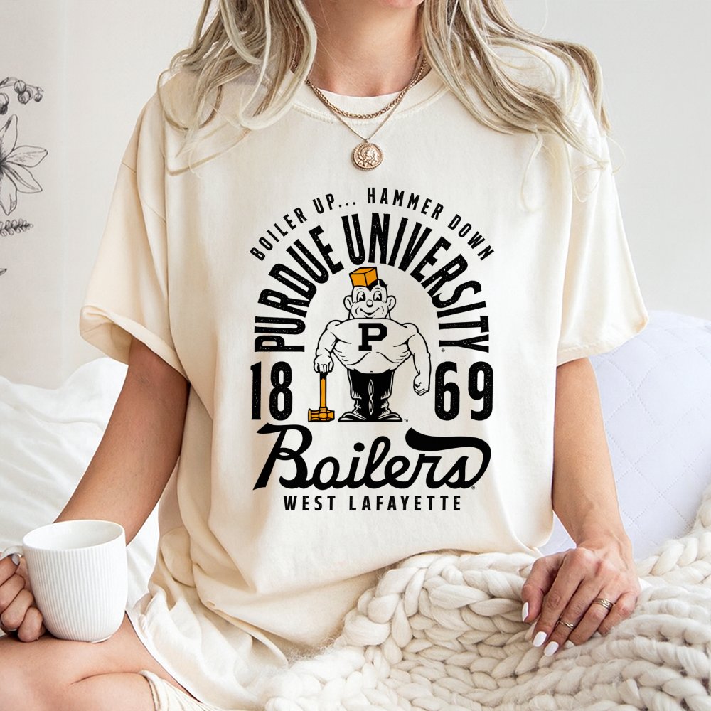 Purdue University T-Shirt | Boiler Up Hammer Down Mascot Graphic | 100% Cotton Premium Unisex Tee | Gift for Purdue Alumni an
