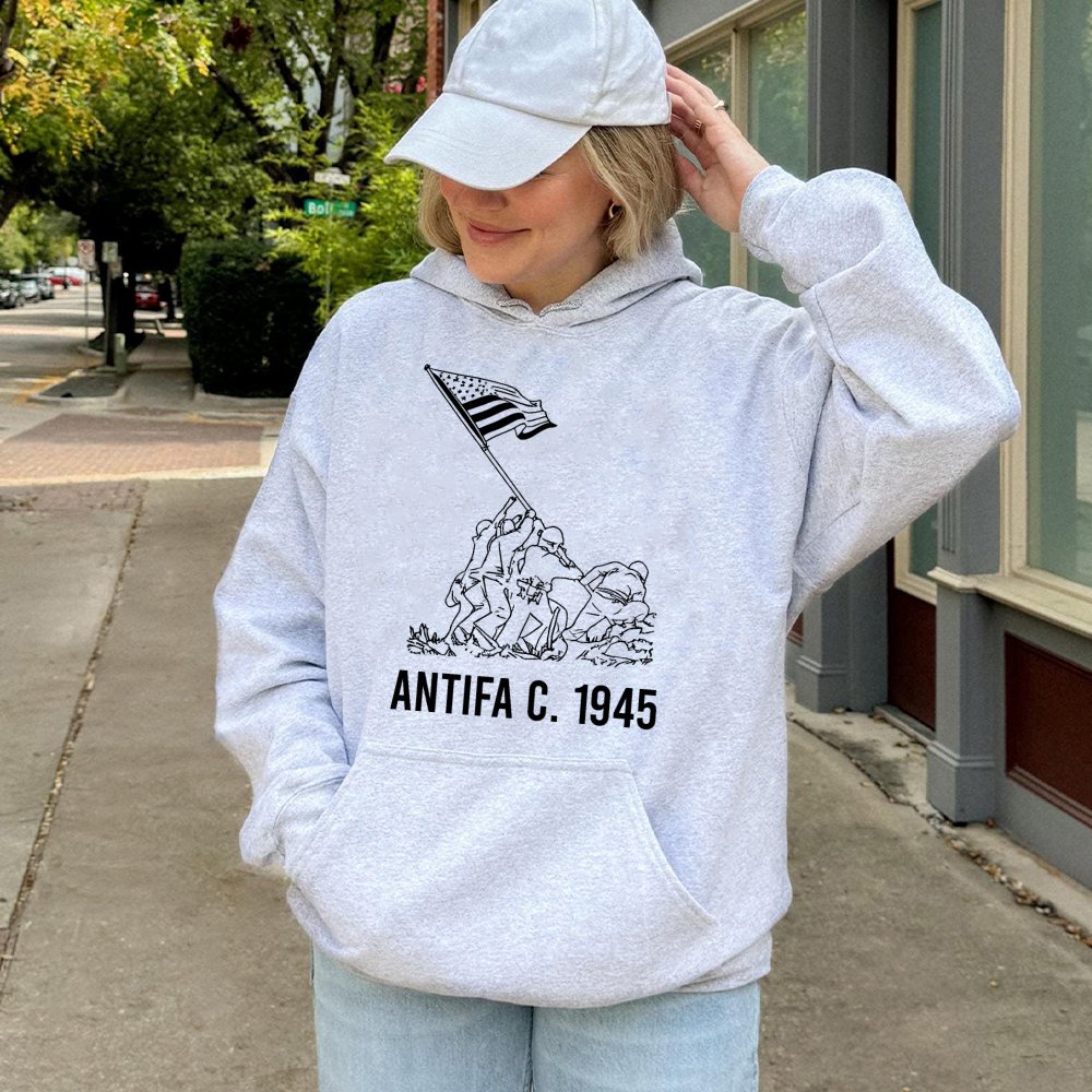 Antifa 1945 Hoodie | Iwo Jima Flag Raising Graphic | Premium Cotton Blend Sweatshirt | Pro-Democracy Anti-Fascist Gift