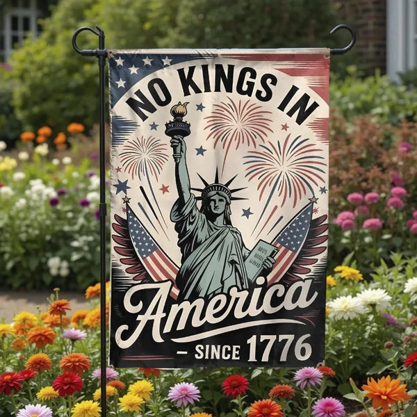No Kings In America Garden Flag | Statue Of Liberty Fireworks Design | Premium Fade-Resistant Polyester | Patriotic 1776 Home