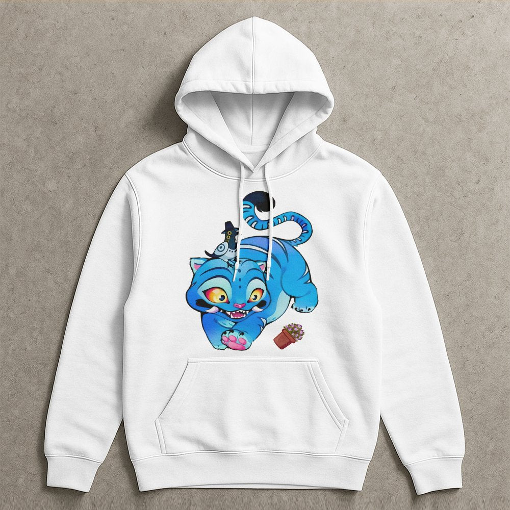 Derpy Blue Tiger Hoodie | Cute Cartoon Cat Graphic Art | Premium Cotton Blend Streetwear | Whimsical Animal Lover Gift for Te