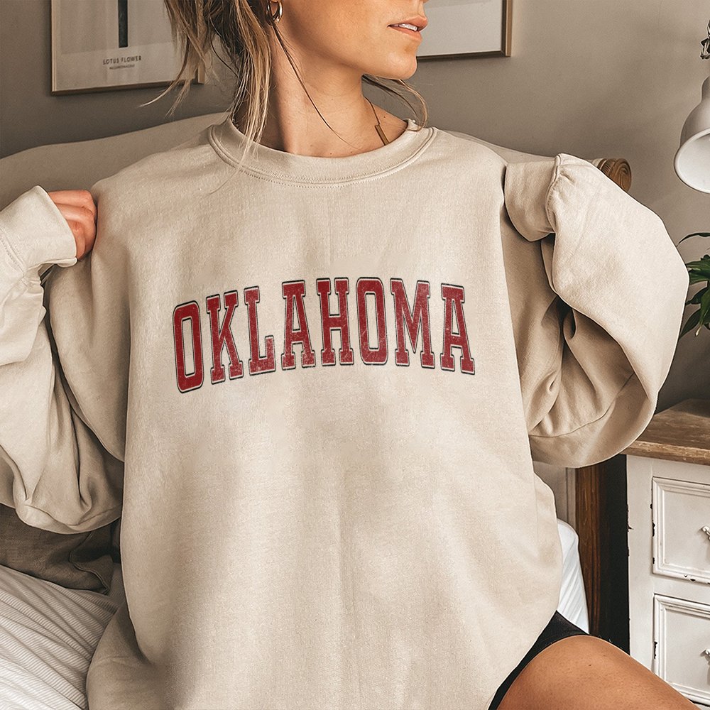 Oklahoma Sweatshirt | Vintage Red Distressed Collegiate Font | Soft Cotton Blend Unisex Crewneck | State Pride Gift for Proud