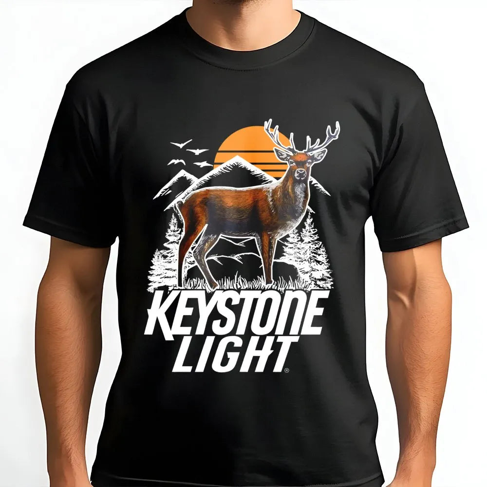 Keystone Light Deer T-Shirt | Mountain Sunset Outdoor Graphic | Premium Cotton Unisex Tee | Gift for Beer Lovers and Hunters